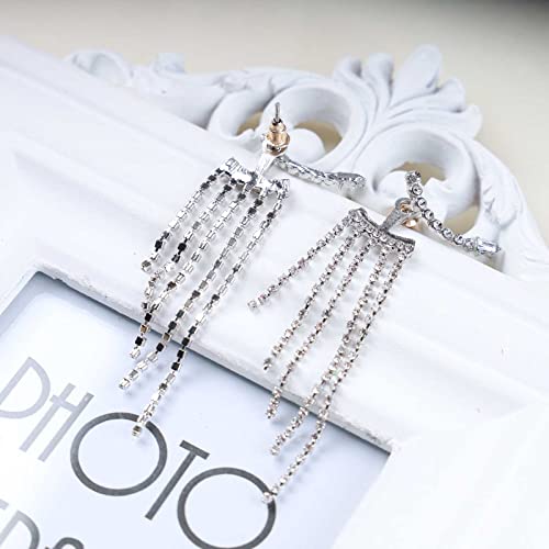 Allereyae Vintage Chandelier Drop Earrings Crystal Chain Dangle Earrings Long Tennis Chain Earrings Silver Rhinestone Climber Earrings Sparkle Bridal Chandelier Earrings Jewelry For Women And Girls #TOP3