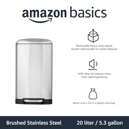 Image of Amazon Basics Rectangular Small Trash Can with Soft-Close Step Pedal, Removable Inner Bucket, Hands-Free, Space-Saving, Smudge Resistant, 20l / 5.3 gallon, Nickel