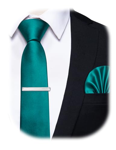 Image of YourTies Skinny Ties for Men Satin 2.4 inch Slim Necktie with Pocket Square Tie Clip Set Solid Color Wedding Party Business