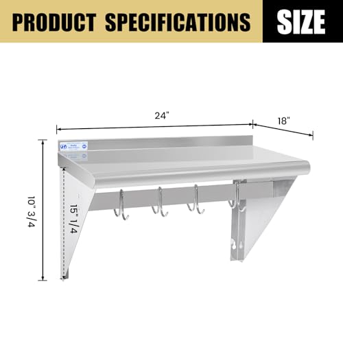 Image of Hally Stainless Steel Shelf with 4 Hooks 18 inch x 24 inch Wall Mounted Pot Rack 300lb, NSF Commercial Floating Shelving for Storage Hanging Pots, Pans, cookware in Restaurant, Kitchen, Home and Hotel