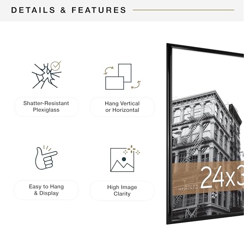 MCS Trendsetter 24x30 Poster Frame Black High-Gloss, Vertical & Horizontal Wall Hanging Large Picture Frame for Photos, Posters & Art Prints (1-Pack)