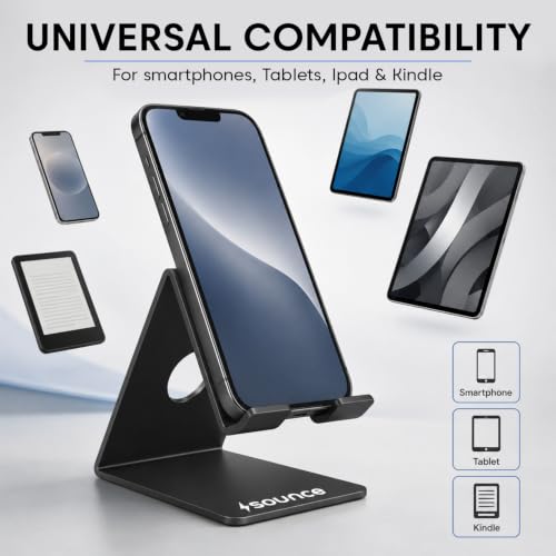 Image of Sounce Universal Mobile Holder Stand | Metal Body, Anti-Skid Design | Stand for Smartphones, Tablets, iPad, Kindle | Lightweight, Rust-Proof, Scratch-Resistant | Black