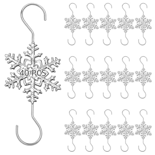 40 Silver S Hooks for Christmas Decorations, Snowflake Design with Anti-Rust Coating
