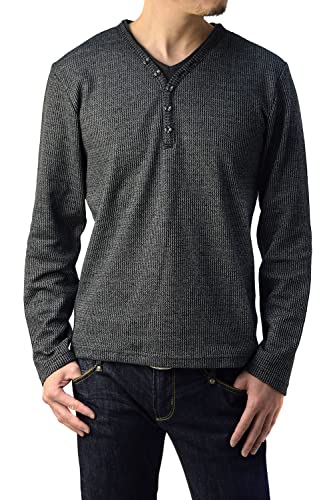 [FLAG ON CREW] メンズ ワッフル Yヘンリーネック ロングTシャツ 長袖 Tシャツ / B2X / LL 杢ブラック・黒 - FLAG ON CREW - 商品画像