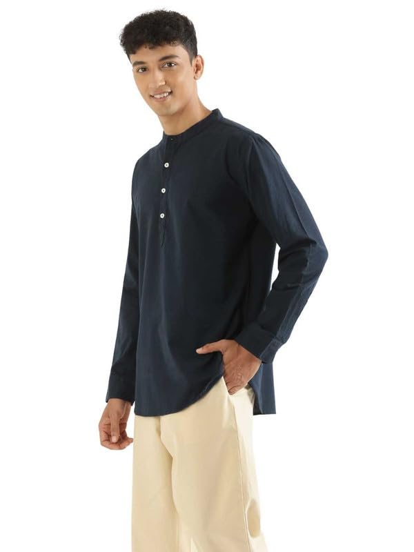 Image of SAADAA Men's Short Kurta - Linen Cotton Blend, Airy Fabric, Regular Fit, Mandarin Collar, Solid Color - Casual, Festive & Ethnic Wear