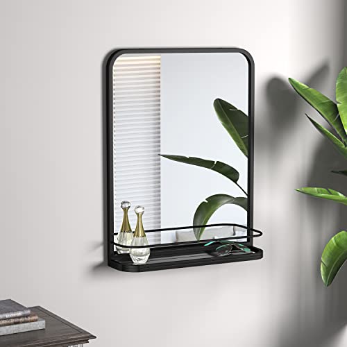 Hmange Matte Black Farmhouse Bathroom Mirror With Shelf Modern Vanity Mirror For Wall, Rectangle Metal Framed Rounded Corner Wall Mirror For Bathroom Living Room,Entryway 21" X 26.7" #TOP1