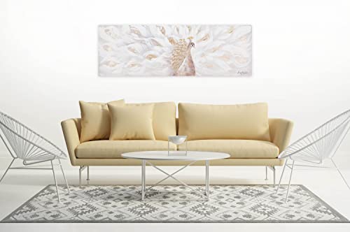 KunstLoft Leinwandbild | 100% HANDGEMALT | 150x50cm | Gemälde 'Legendary' | Pfau | Beige | Wandbild Wohnzimmer