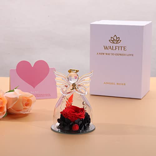 Walfite Forever Rose,Glass Flowers,Angels Figurines,Personalized Gifts For Women,Preserved Rose Glass Angel Figurines Gifts With Pretty Flowers For Anniversary Wedding（Red Rose） #TOP6