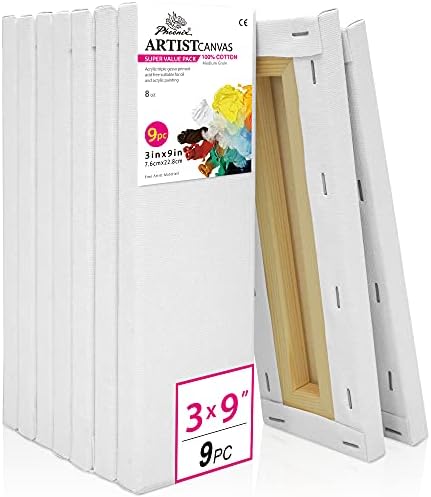 PHOENIX Stretched Canvas for Painting 3x9 Inch/9 Value Pack, 8 Oz Triple Primed, 5/8 Inch Profile, 100% Cotton White Blank Canvas, Rectangular Framed Canvas for Oil Acrylic & Pouring Art
