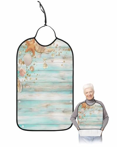 LEOKOTI Aqua Coastal Adult Bibs for Eating, Waterproof Bibs with Food Catcher & Adjustable Snap Closure, Summer Beach Starfish Shell Vintage Wood Washable Clothing Protectors Adult Bibs for Elderly