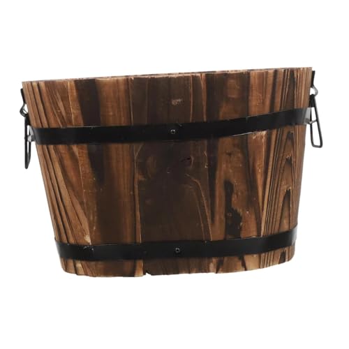 HGZLQKD Wooden Barrel Planter with Drainage Hole, Burntwood with Two Handles & Black Barrel Rings, Rustic Burnt Wood Barrel Multipurpose Plant Container Rustic for Plants Shrubs Flowers, Size L
