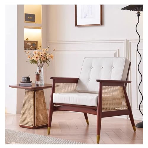 Mid Century Moderner Akzentstuhl – gepolsterter Retro-Sessel mit Rattan-Armlehnen für Wohnzimmer und Schlafzimmer, perfekte stilvolle Lese- und Entspannungsmöbel – Bild 6
