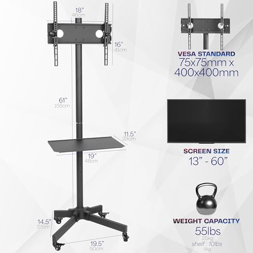 Image of VIVO Mobile TV Cart for 13 to 60 inch Screens up to 55 lbs, LCD LED OLED 4K Smart Flat and Curved Panels, Rolling Stand with Laptop DVD Shelf, Locking Wheels, Max VESA 400x400, Black, STAND-TV04M