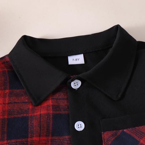 Image of Boy Clothes Fall Winter Outfits Long Sleeve Plaid Patchwork Button Down Shirt + Casual Pocket Sweatpants 5-14 Years