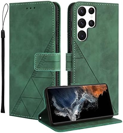 Togestar for Samsung S22 Case, [Vivid Geomatrical Pattern PU Leather] [Wrist Strap] Magnetic Closure Flip Wallet Case Card Slots Kickstand Full Protection Shockproof Case,Green