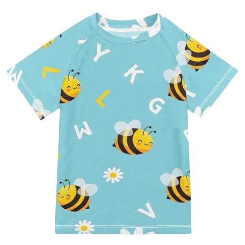 ODAWA Toddler Swim Shirt, Cute Cartoon Bees Alphabets Short Sleeve Rash Guard 3-12 Years