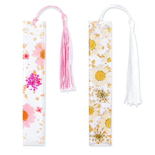 Lot de 2 marque-pages transparents de fleurs séchées - Marque-page transparent pour femme (blanc et rose) Cover