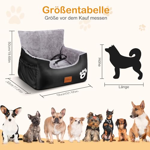 Hunde Autositz, 55x30x30cm, 1 Ansteckbare, Verstellbare Sicherheitsleinen, Auto-Hundebett für kleine Hunde, komplett Abnehmbarer und Waschbarer Autositz für Haustiere mit 2 Aufbewahrungs