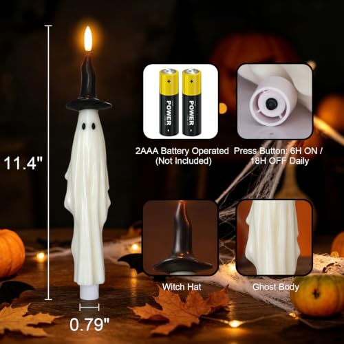 Image of Halloween Witch Flameless Taper Candles Battery Operated with 6H Timer, Set of 2 Real Wax 3D Wick Fickering Ghost LED Candlesticks Spooky Halloween Indoor Decor(0.79 inchD x 11.4 inchH)