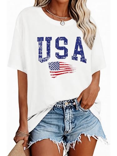 4th of July Outfits for Women Oversized USA Patriotic Shirts for Women Short Sleeve Red White and Blue Shirts American Flag Summer Tops