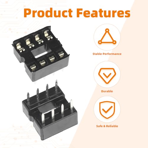 Yetaida 10PCS 8P IC Socket, DIP Integrated Circuit IC Chip Sockets Adaptor 8 Flat Pin Solder Type 2.54mm Pitch Dual Row - Thumbnail 2