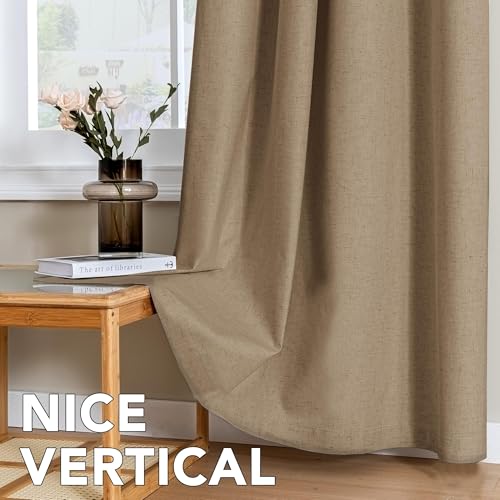 Image of H.VERSAILTEX Linen Curtains 100% Blackout Curtains for Bedroom 120 inch Long Full Light Blocking Nature Linen Blended Window Curtains for Living Room Nickel Grommet (2 Panels, Heathered Macchiato)