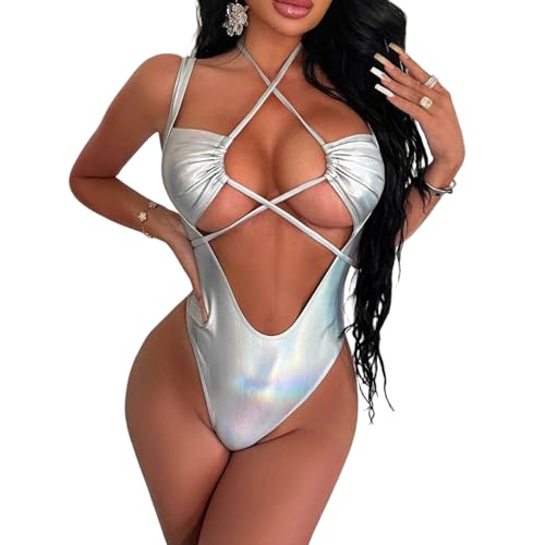Women’s Sexy Criss Cross Metallic Silver Swimsuit One Piece Holographic Backless Bathing Suit Rave Festival Outfit