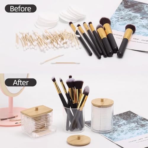 3Pcs Cotton Pad Holder,Cotton Wool Bud/Swab/Ball Holder,with Bamboo Lid,Bathroom Qtip Dispenser Jars Canisters Holders for Vanity Cotton Ball Qtips Makeup Storage Organiser Cosmetic Storage Box - Image 2