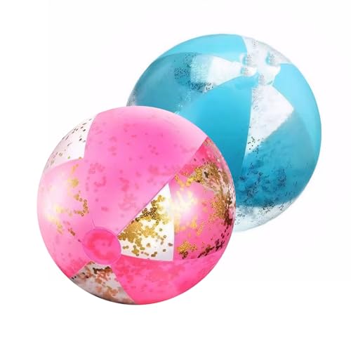 Ballon de Plage Gonflable à Paillettes,Transparent Ballon Gonflable Plage avce à Paillettes pour Les Vacances,La Piscine,Les Fêtes,Transparent,Lot de 2,Bleu+Rose,Diamètre 40cm