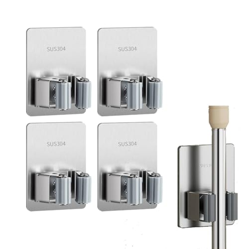 Broom Holder Wall Mount 4 Pack Self Adhesive Mop Grippers No Drilling Waterproof Anti-Slip for Home and Kitchen Garage Storage