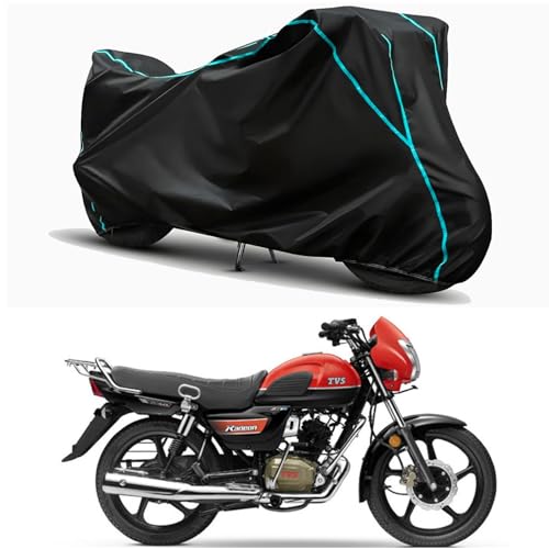 Image of Waterproof Bike Body Cover Compatible for | TVS Radeon Dual Disc | Taffeta Fabric, Sky Piping Design, Bottom Elastic Fit | Dustproof, Sun UV & Rain Protection for All Weather.
