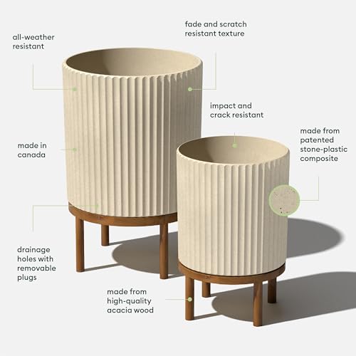 Image of Veradek Demi Series Raised Duo Planters - Set of 2 Planters with Stands | Made From a Durable Plastic-Stone Composite & Comes With Wooden Stand. Modern Porch /Patio Decor