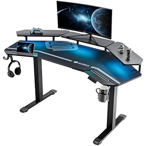 EUREKA ERGONOMIC Gaming Desk Adjustable Height Standing Desk 63" Wing Shaped Music Studio Desk Workstation Sit Stand Desk w Full Coverage Mousepad, 3 Stands, Dual Headphone/Cup Holder, Ipad-Slot Cover