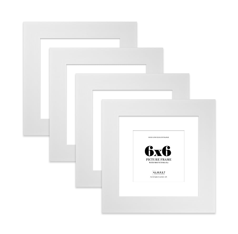 6x6" White Square Frame With Mount for 4x4" Pictures 28mm Edge Frame Display with Wall Hooks and Kickstand, 4 Pack