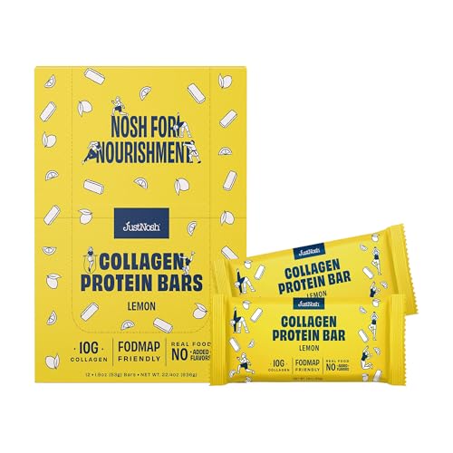 JUSTNOSH ​L​emon Collagen Protein Bars – 13g Protein, 10g Collagen | Gluten & Dairy Free, Low FODMAP, Seed Oil Free (12 Pack)