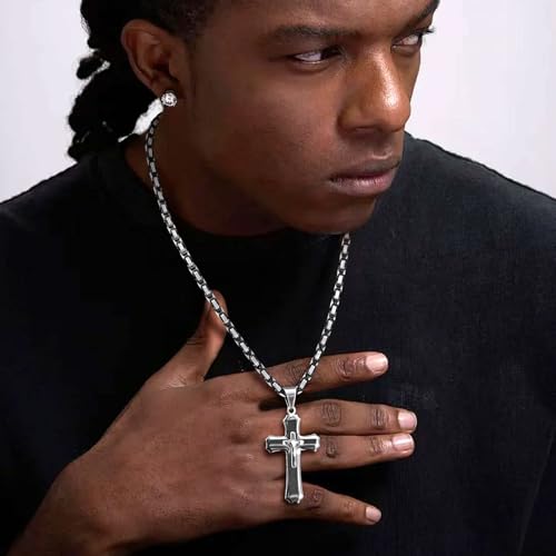 Byzantine Cross Necklace for Men, Black Silver Stainless Steel Cross Chain Pendant Necklace Masculine Chunky Sturdy Mens Christian Jewelry Gift 22/24 Inch2
