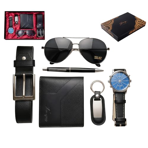 Mens 6-Piece Gift Watch Wallet Belt Sunglasses Pen Key Ring