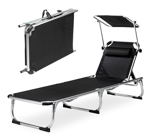 sunnypillow Sonnenliege mit Dach, Strandliege klappbar leicht - 150 kg belastbar - Gartenliege aus Aluminium für Garten Balkon Terrassen Pool - Liege mit 7 Fach Verstellbarer Rückenlehne - Schwarz