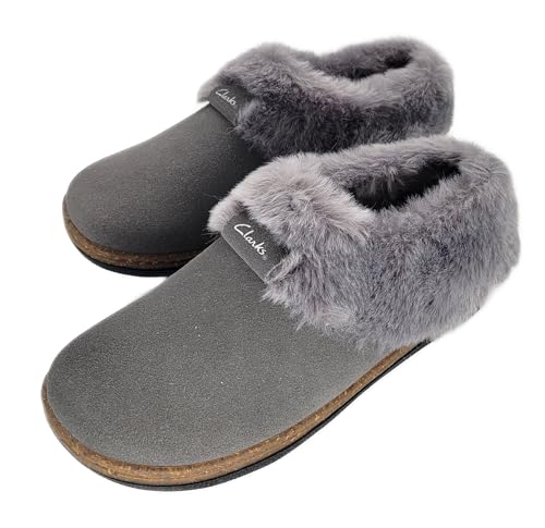 Clarks Womens Slipper Suede Leather Plain Toe - Plush Faux Fur Collar/Lined With A Cork Midsole - Open Back Indoor Outdoor House Slippers For Women (Grey US 92