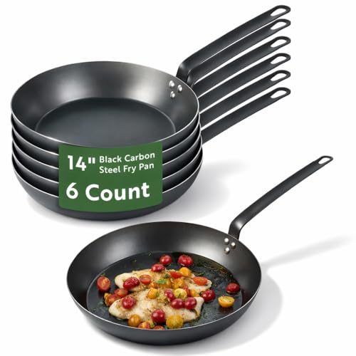 Restaurantware-Met Lux 14 Inch Fry Pans, 6 Lightweight Frying Pans - Induction-Ready, Triple-Riveted, Black Carbon Steel Cooking Skillets, Durable, For Searing, Sauteing, And Browning Food