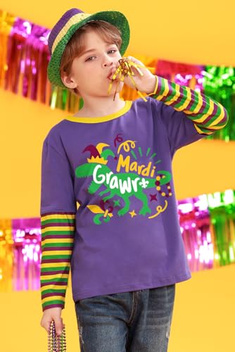 Image of Unisex Kids St Patrick's Mardi Gras Stripe Patchwork Long Sleeve Carnival Shirt 4-14 Years