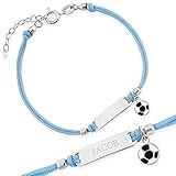 🎀 STILVOLLES GESCHENK: blaues, personalisierbares ID Kinderarmband mit Elementen aus 925er Silber: einer gravierbaren Identplatte mit Namen und verschiedenen effektvollen Anhänger in Form von Ball oder Fahrrad zum Auswahl. Die Armkette wird in einer exklusiven gravierbaren Geschenkbox zugestellt. Das Armband sorgt für einen glänzenden Blickfang am kleinen Handgelenk. Verstellbare Kettenlänge: 13-16 cm.