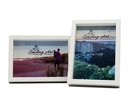 Smiling Art Bilderrahmen Fotorahmen 2er Set aus MDF Holz mit Glasscheibe Querformat und Hochformat zum Aufhängen und Aufstellen (Weiß, 2*13x18 cm) Cover