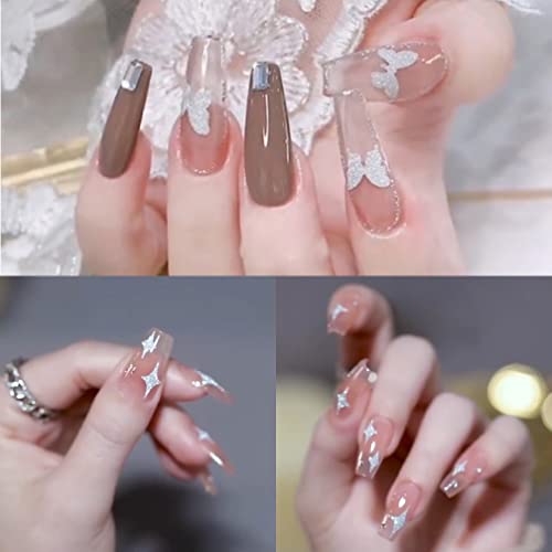 Silver Nail Art Sticker 5D Embossed Stars Love Peach Butterfly Flame Ins Style Glitter Nail Art Sticker Super Silver Glitter Self-Adhesive Sticker Decals For Nail Art Decoration (6 Sheets) #TOP5