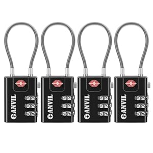 ANVIL TSA Approved Cable Luggage Locks 3 Digit Combination Padlock with Zinc Alloy Steel Cable Lock Ideal for Travel Suitcase, Backpack, Lockers,Case,Toolbox (4, Black)