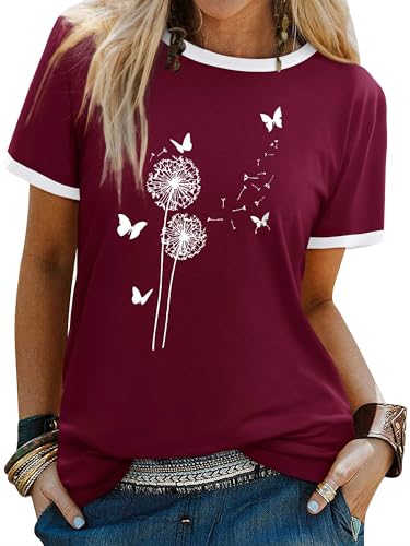 Dresswel Women Dandelion T-Shirt Cute Butterfly Graphic Print Crew Neck Short Sleeve Summer Tops Basic Tshirts