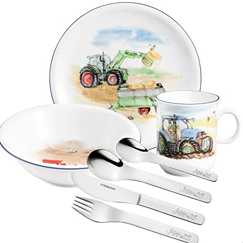 Sterngraf Kinderset Mein Traktor 7tlg. MIT Gravur (z.B. Namen) personalisiertes Kinderbesteck + Kindergeschirr Trecker