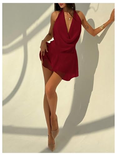 Image of RoseSeek Women's Draped Halter Flared Party Dress Backless Mini Dresses