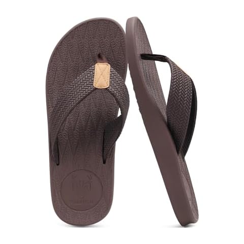 KuaiLu Mens Flip Flops Arch Support Comfortable Waterproof Open Toe Summer Beach Leather Thong Sandals Cushion Slip on Slippers Dark Brown Size 13 Cover