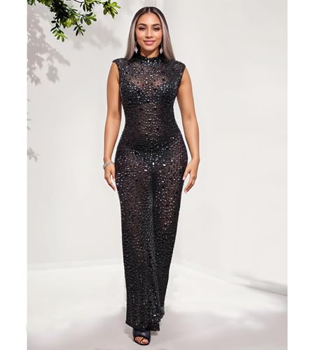 Image of Jigfar Women Sexy Embellished Rhinestone Bodycon Jumpsuit Mesh See Through Patchwork Birthday Party Night Out Clubwear